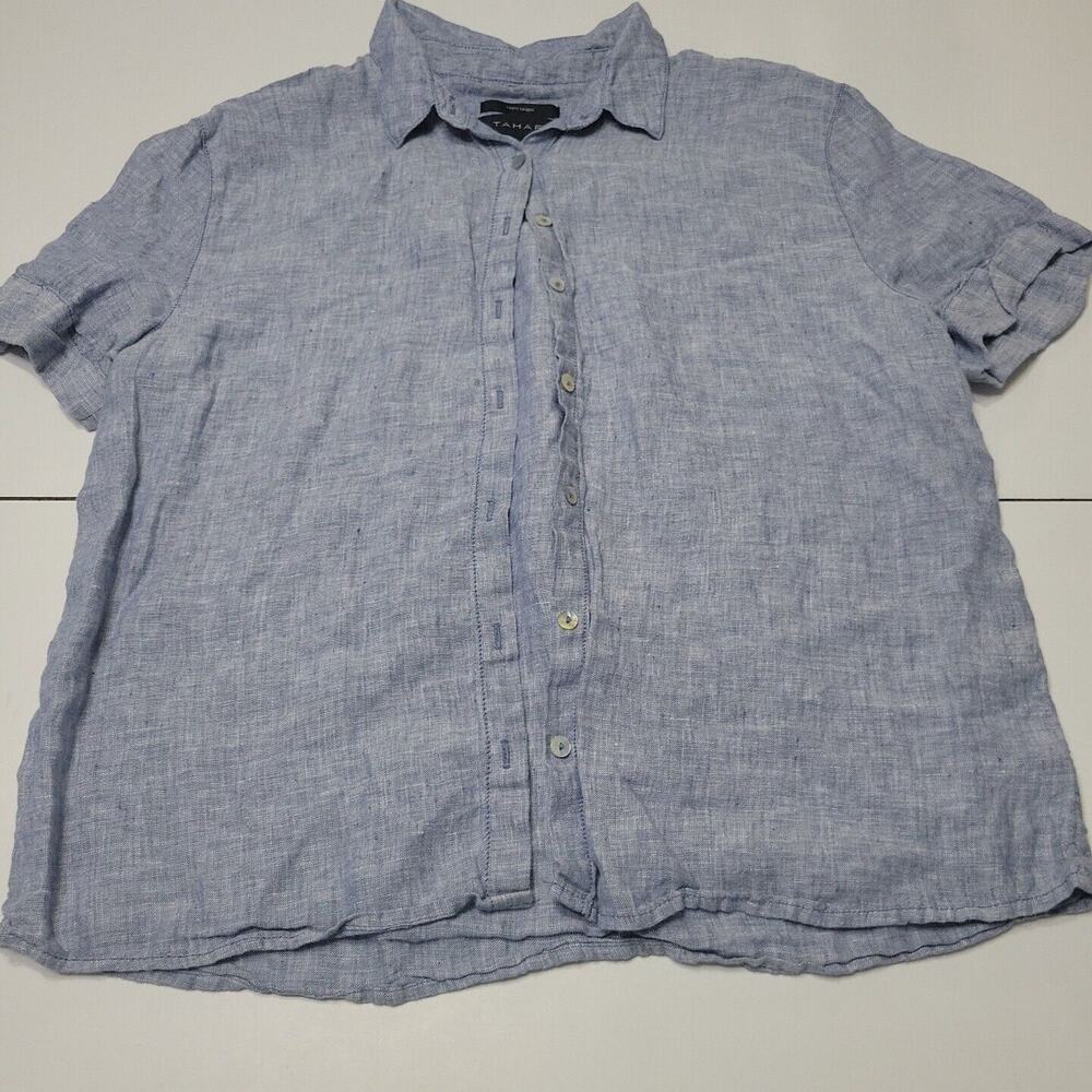 Tahari Linen Women Small Shirt Blue Mother Pearl Button Chambre Short Sleeve Top